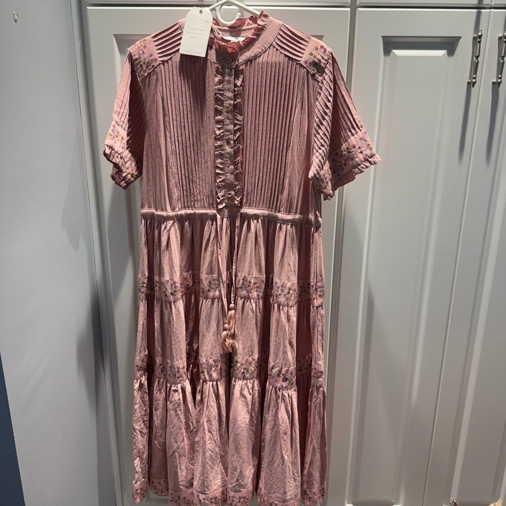 Pink Tiered Boho Midi Dress with Pintuck & Tassel Details